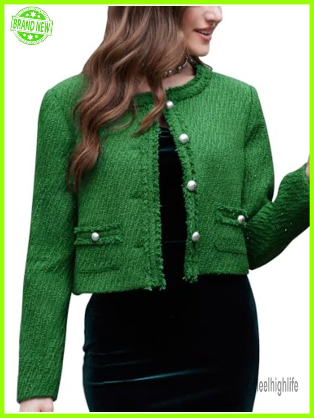 Tweed Cropped Blazer Jacket Collarless Button Pockets Business Casual